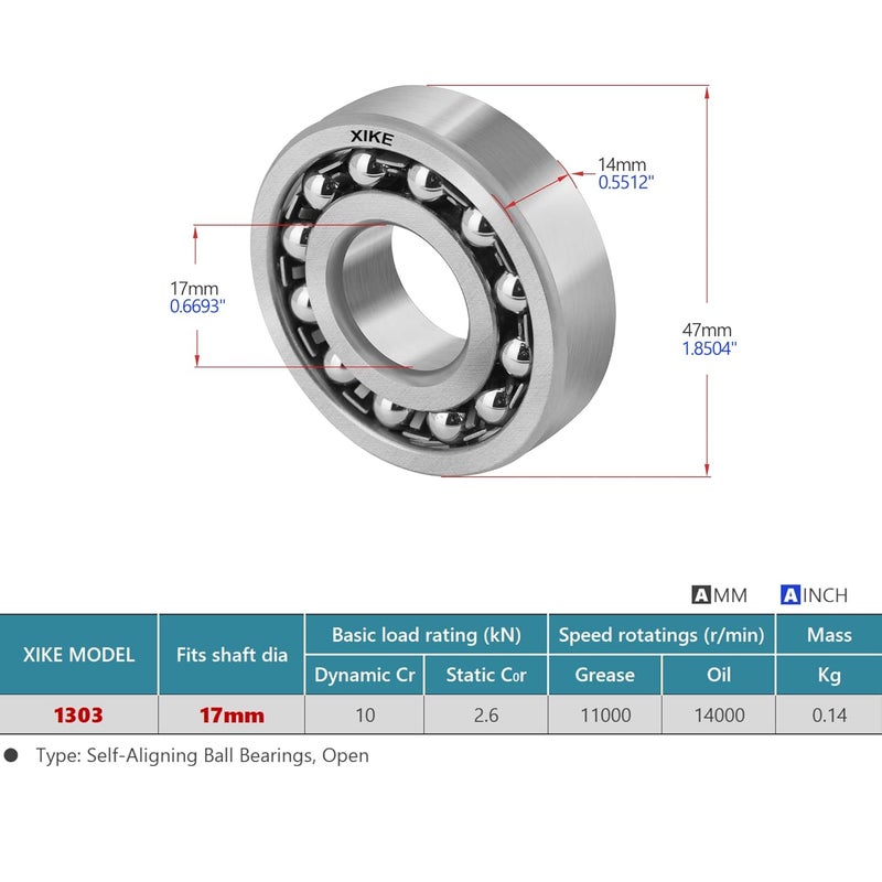 Xike 1 قطعة 1303 محامل كروية ذاتية المحاذاة 17x47x14 مم، مفتوحة من الصلب الكرومي تناسب DIY/المراوح/الصناعية/الزراعة/اللب/الورق/المشروبات/النسيج/ماكينات معالجة المواد. - Image 2